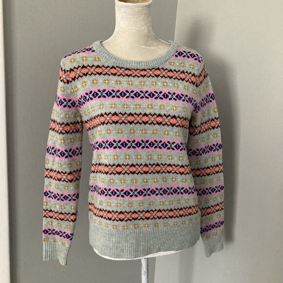J Crew Women's Neon Fair Isle 100% Lambswool Gray Cozy pullover Sweater Small - Picture 1 of 12